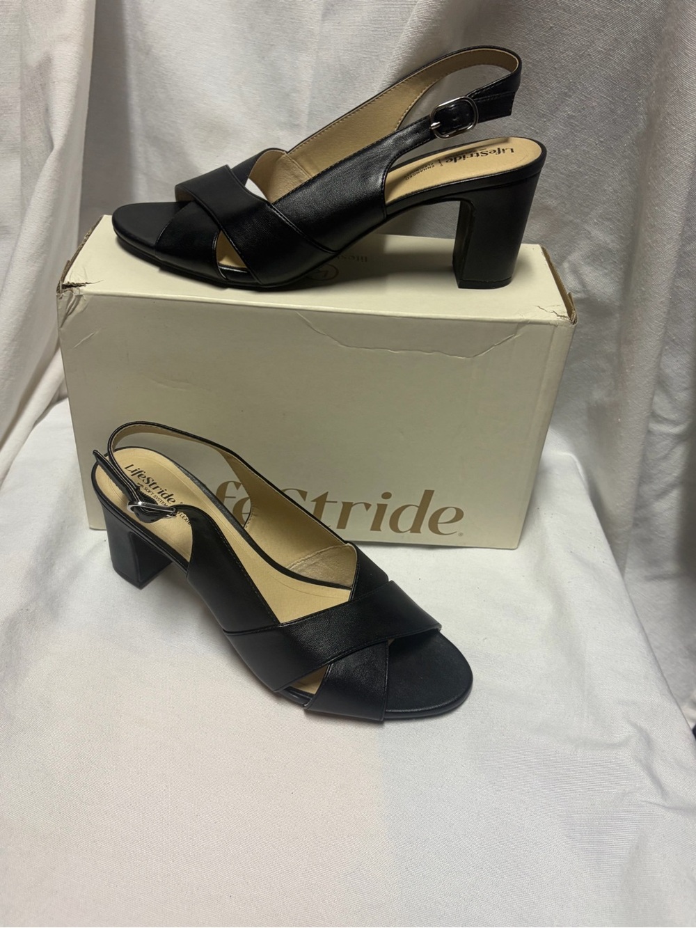 Life Stride Black Crisscross Slingback Block Heels